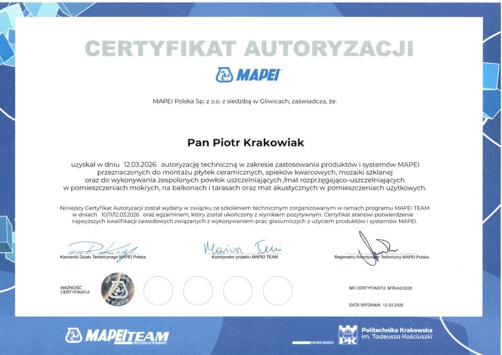 Certyfikat Autoryzowanego Wykonawcy Mapei dla firmy Glazura Krakowiak Piotr Krakowiak - gwarancja profesjonalnego układania płytek.